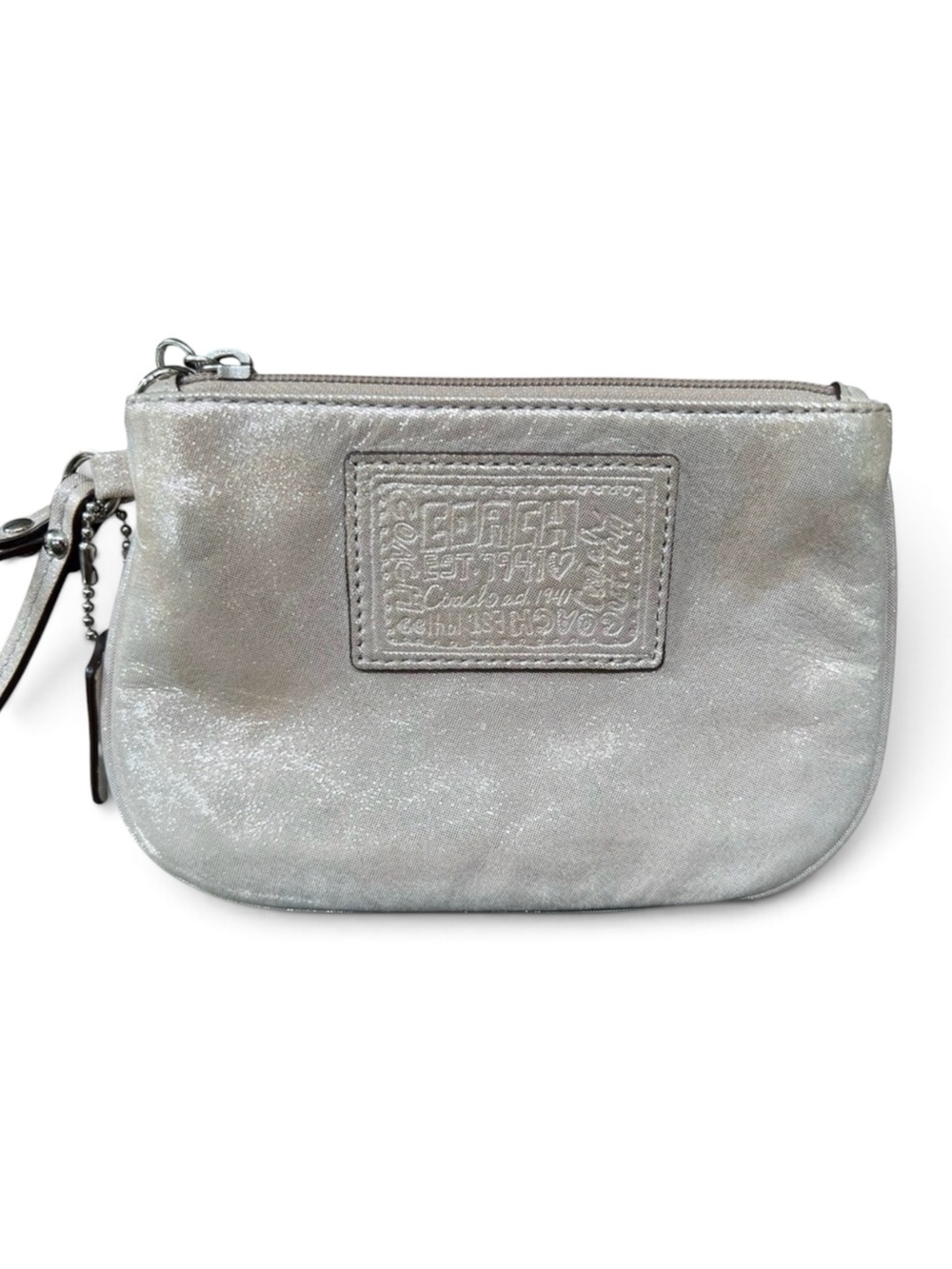 Coach Op Art Metallic Shimmer Silver Poppy Graffiti Wristlet Pouch Bag